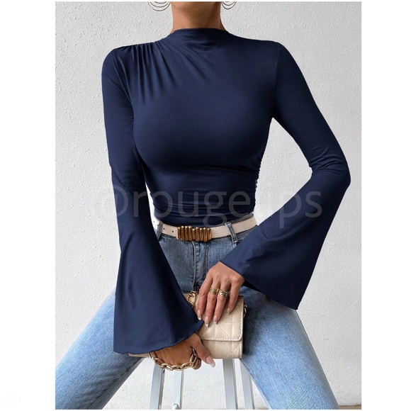 Navy Blue Ruched Asymmetrical Long Bell Sleeve Bodysuit - Picture 3 of 9